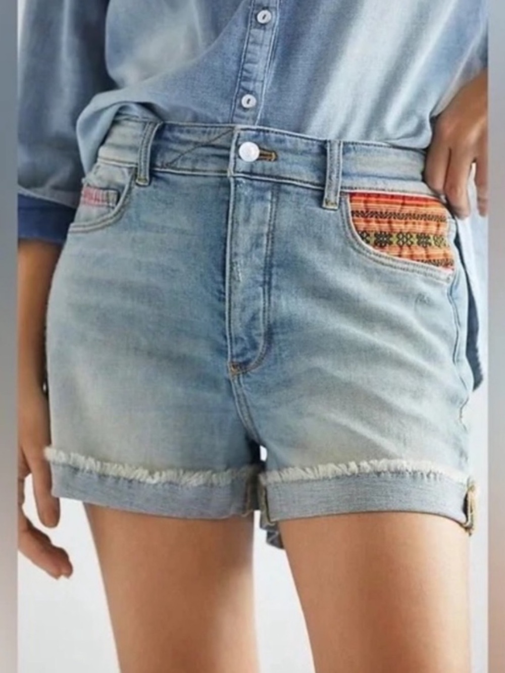 Anthropologie Pilcro High-Rise Embroidered Denim Shorts Rope Belt Western